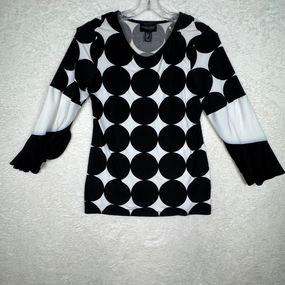Frank Lyman Polka‎ Dot Blouse Womens Size 14 Black White Mod 60s Bell Sleeve Top